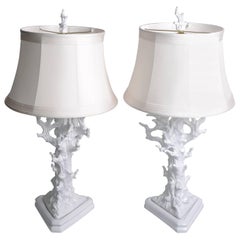 White Porcelain Tree Branches Table Lamps, Pair
