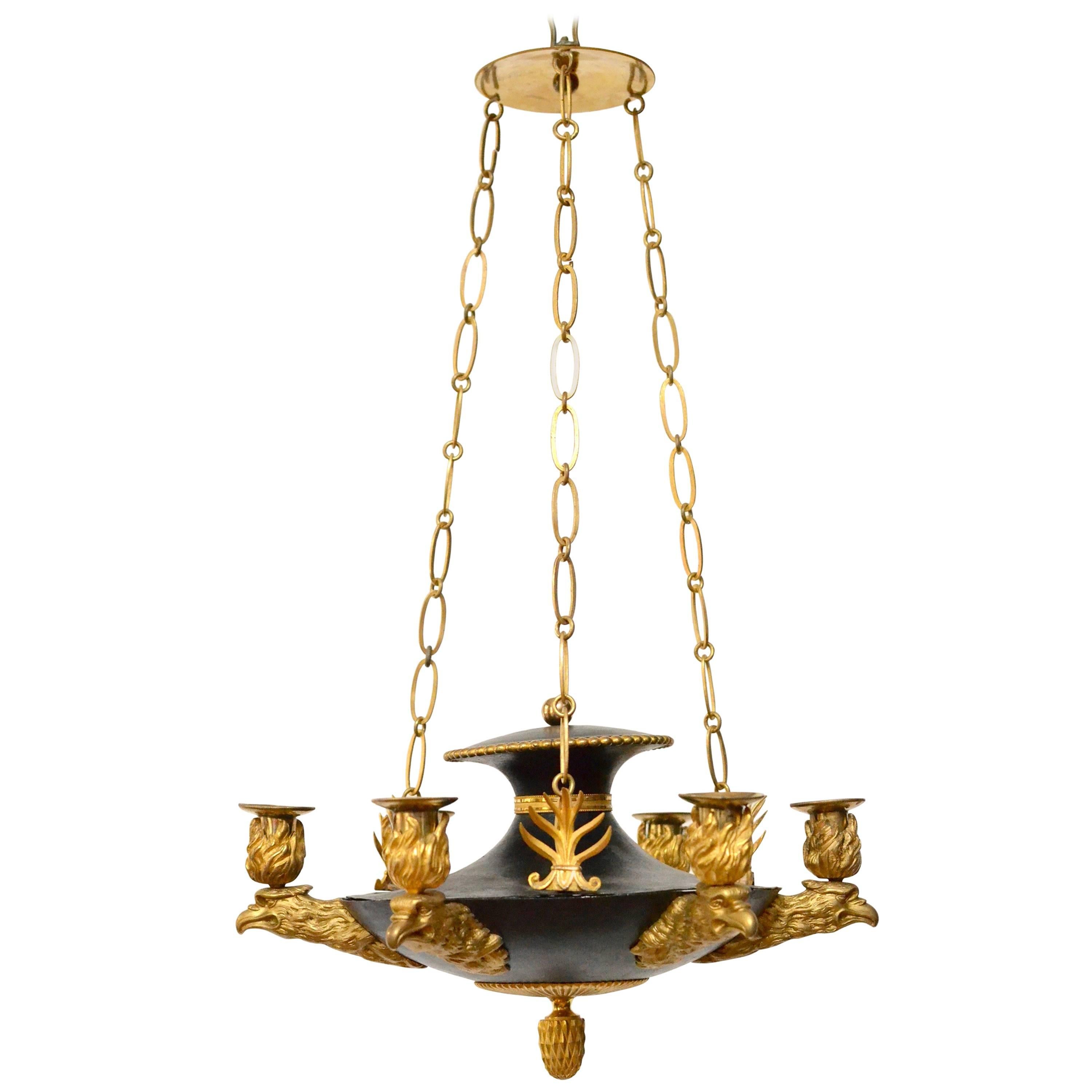 Swedish Six-Light Gilt-Bronze and Patinated Empire Chandelier