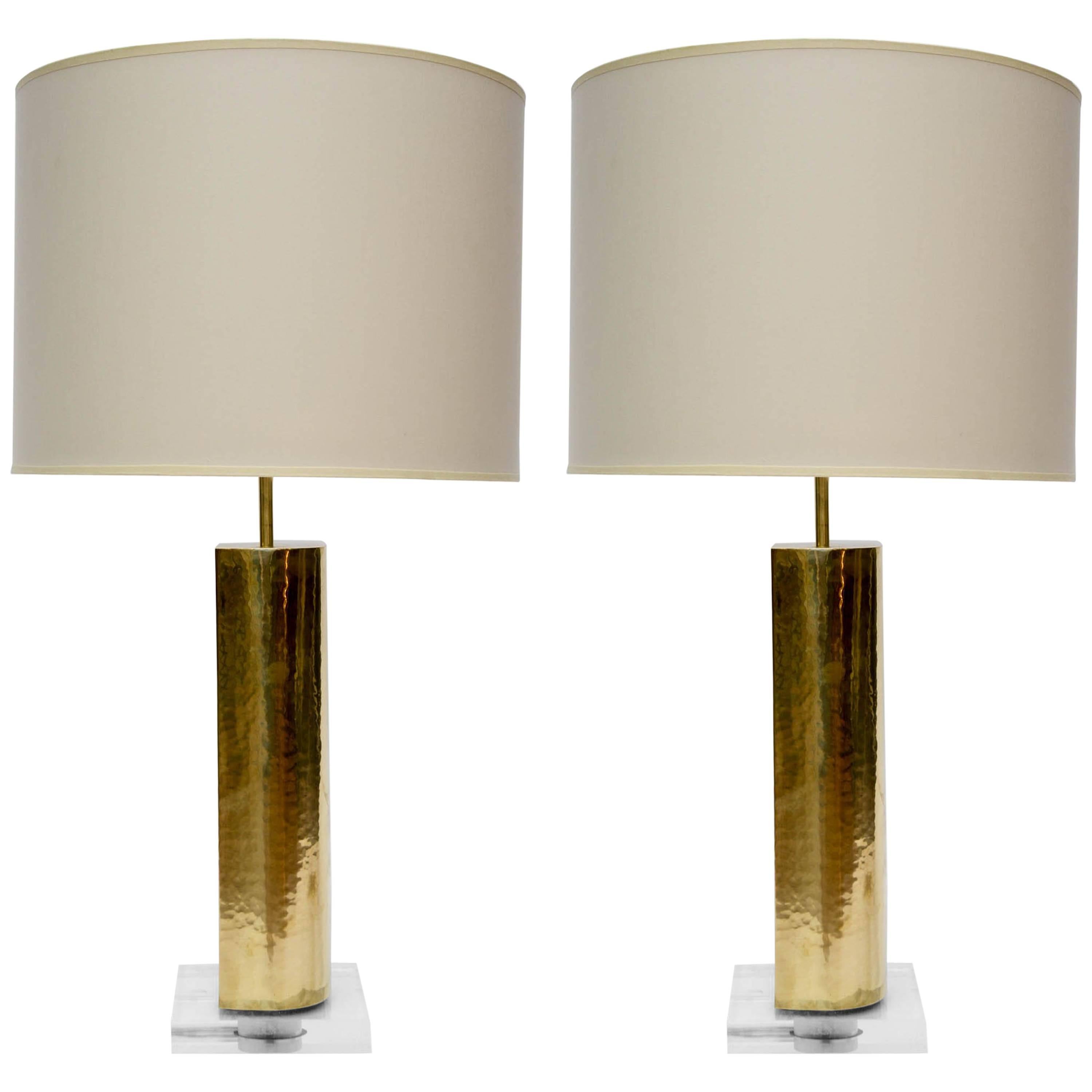 Elegant Pair of Hammered Brass and Plexiglass Lamps