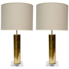 Elegant Pair of Hammered Brass and Plexiglass Lamps 7