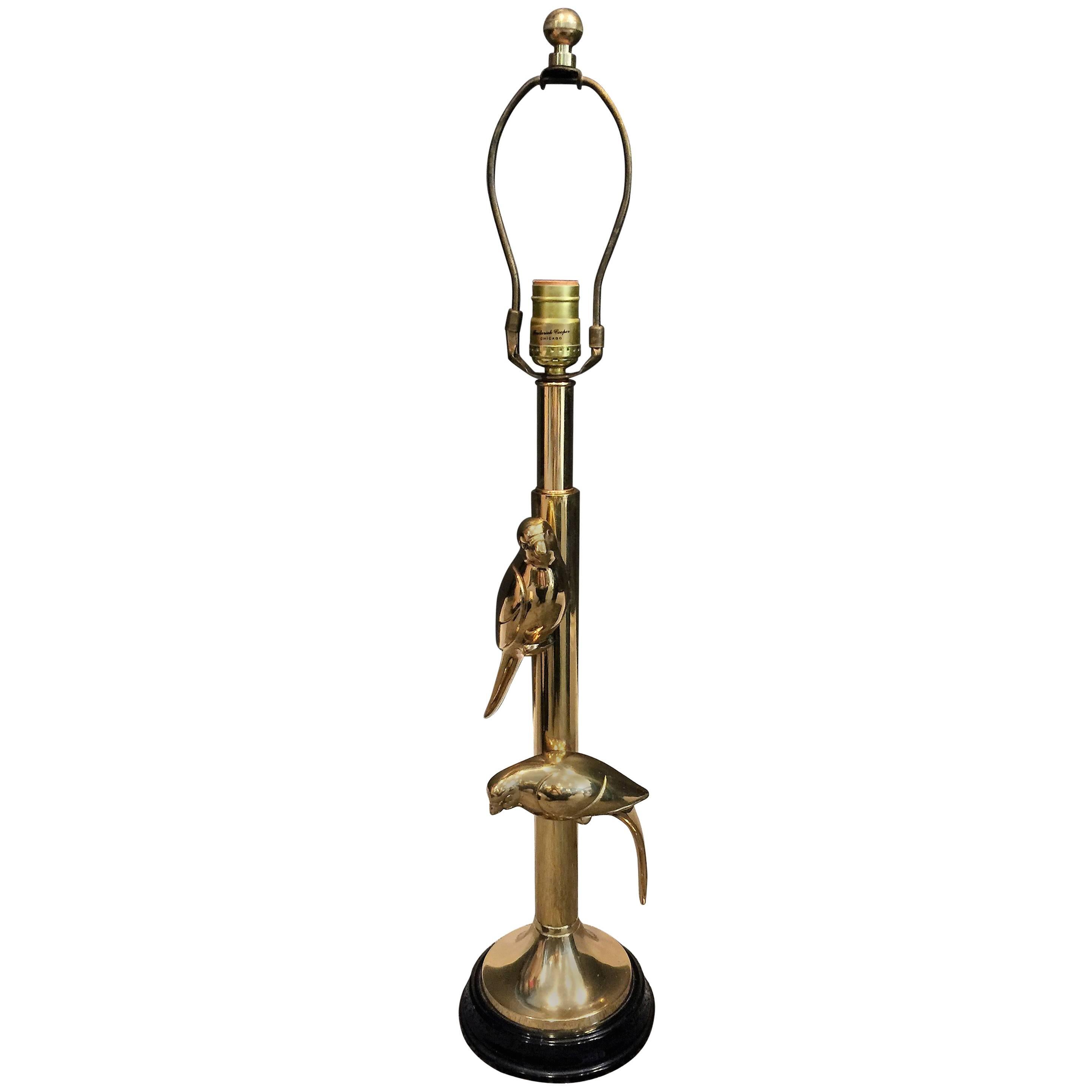 Great Modernist Polished Brass Sculptural Parrot Lamp For Sale