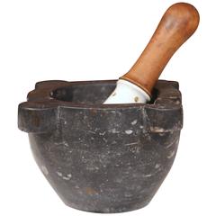 19th Century French Black Marble Mortar with Wood and Porcelain Pestle