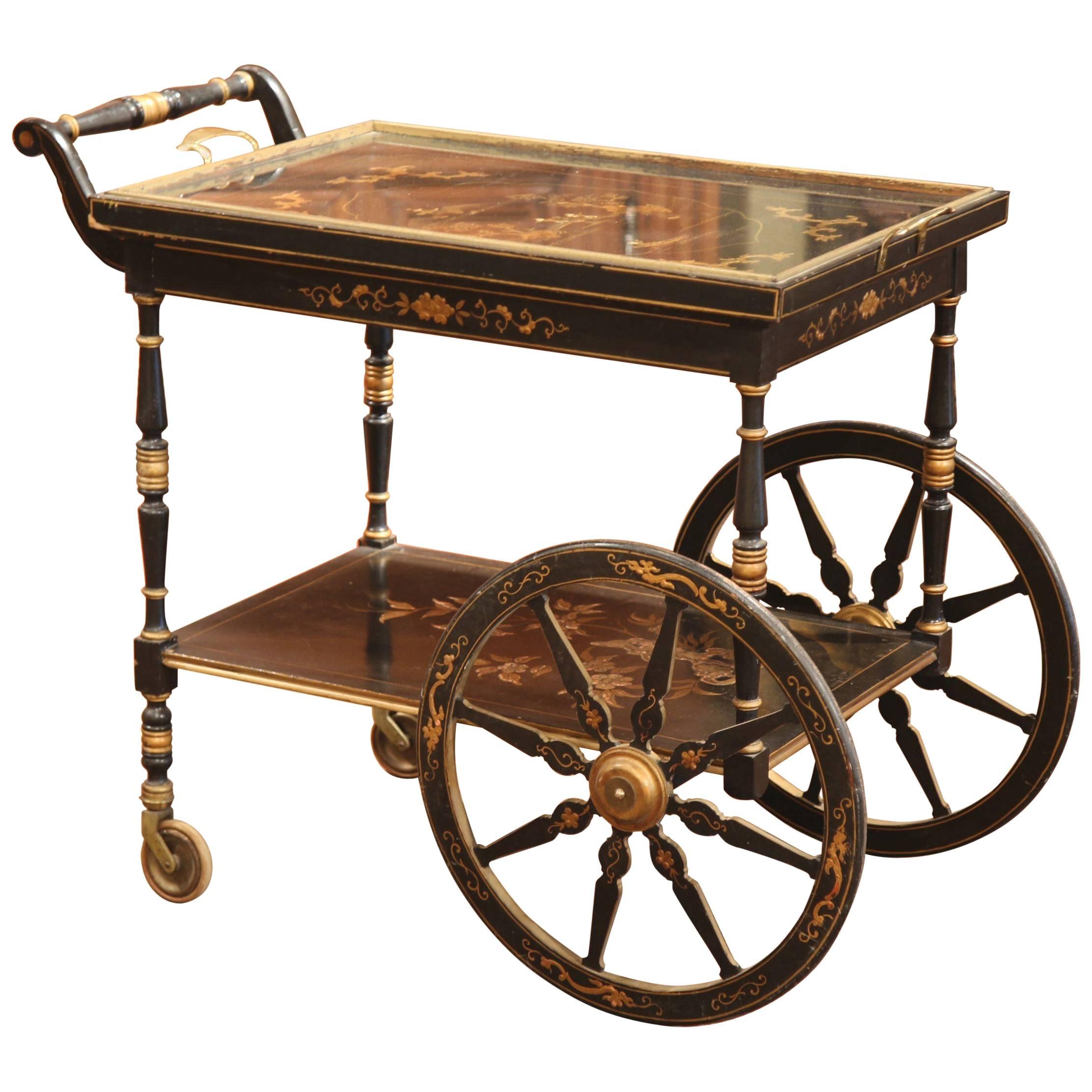 Early 20th Century French Hand-Painted Bar Cart with Chinoiserie Motifs