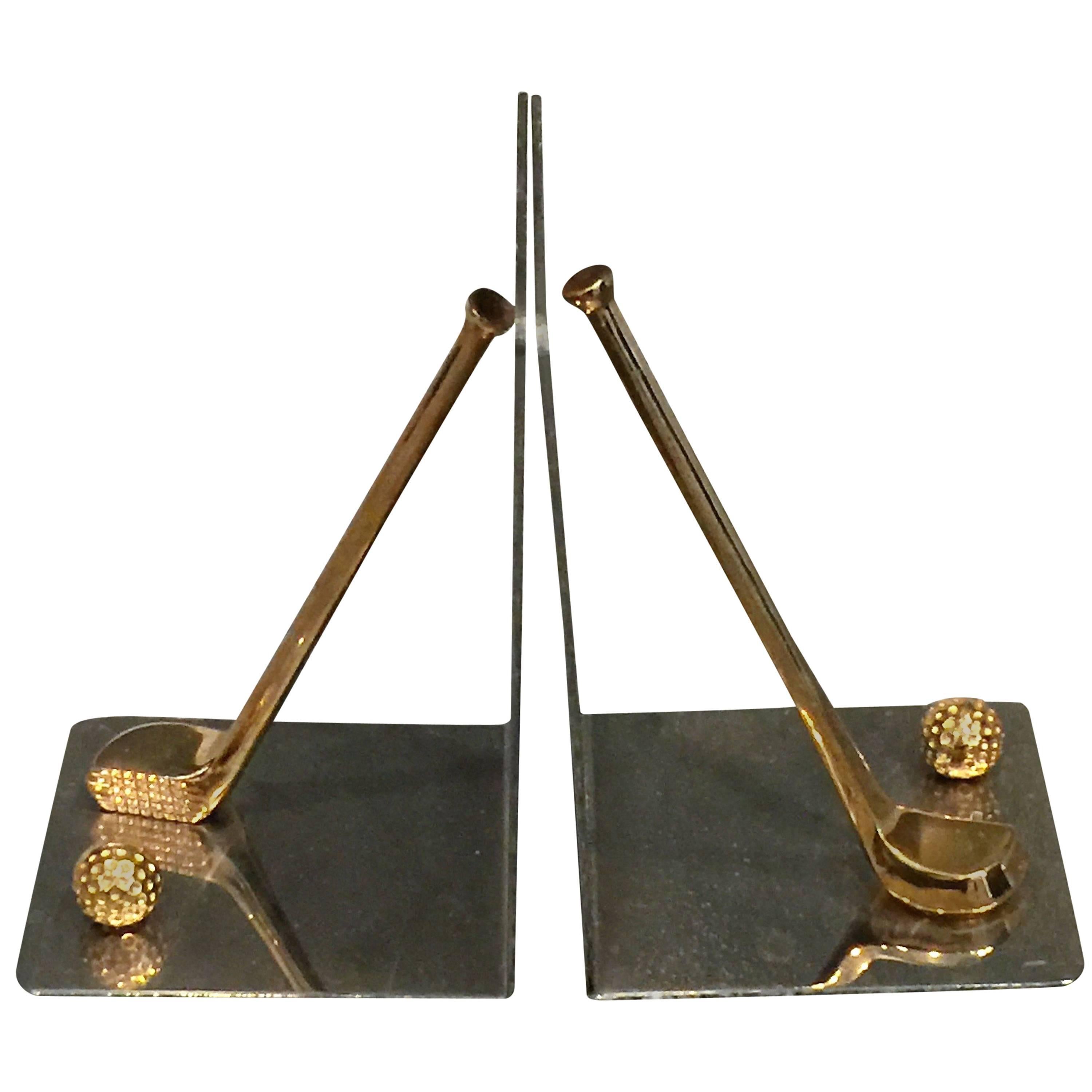 Gucci Style Modernist Pair of Nickel and Brass Golf Club and Ball Bookends For Sale