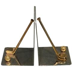 Gucci Style Modernist Pair of Nickel and Brass Golf Club and Ball Bookends