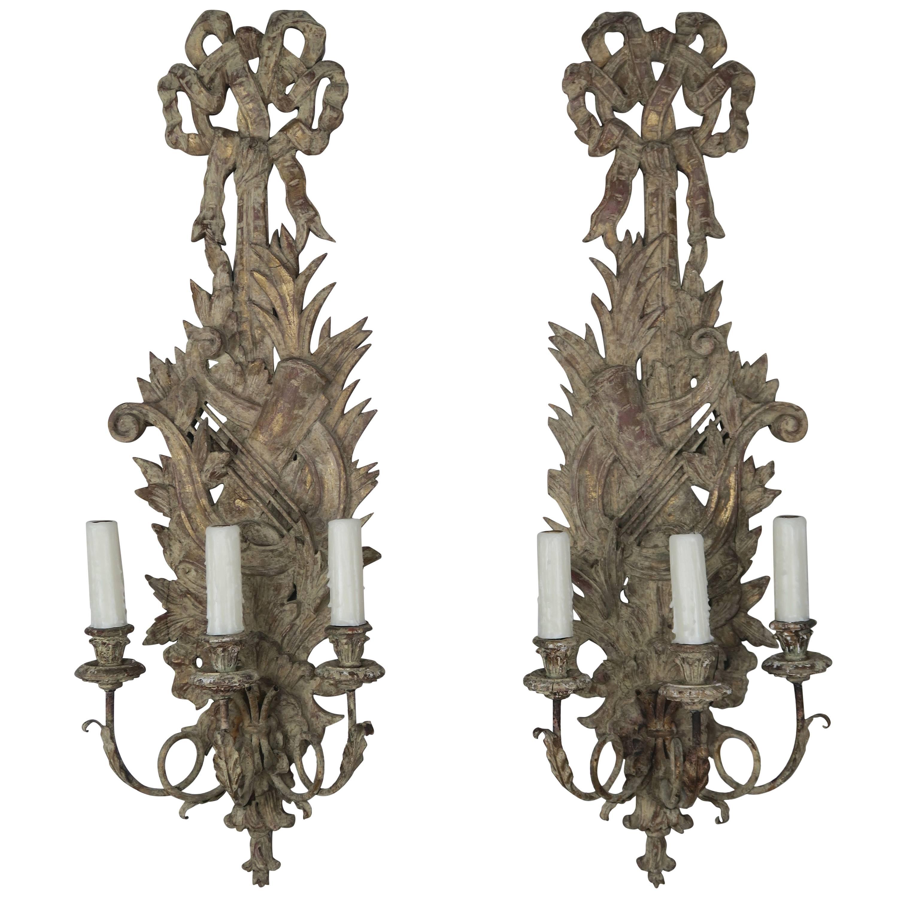Pair of French Carved Wood Sconces, circa 1920