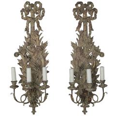 Antique Pair of French Carved Wood Sconces, circa 1920