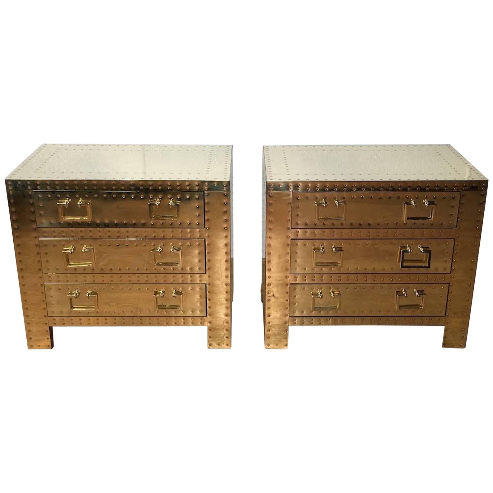 Pair of Brass Campaign Style Studded Chests or Nightstands, with 3 drawers Each