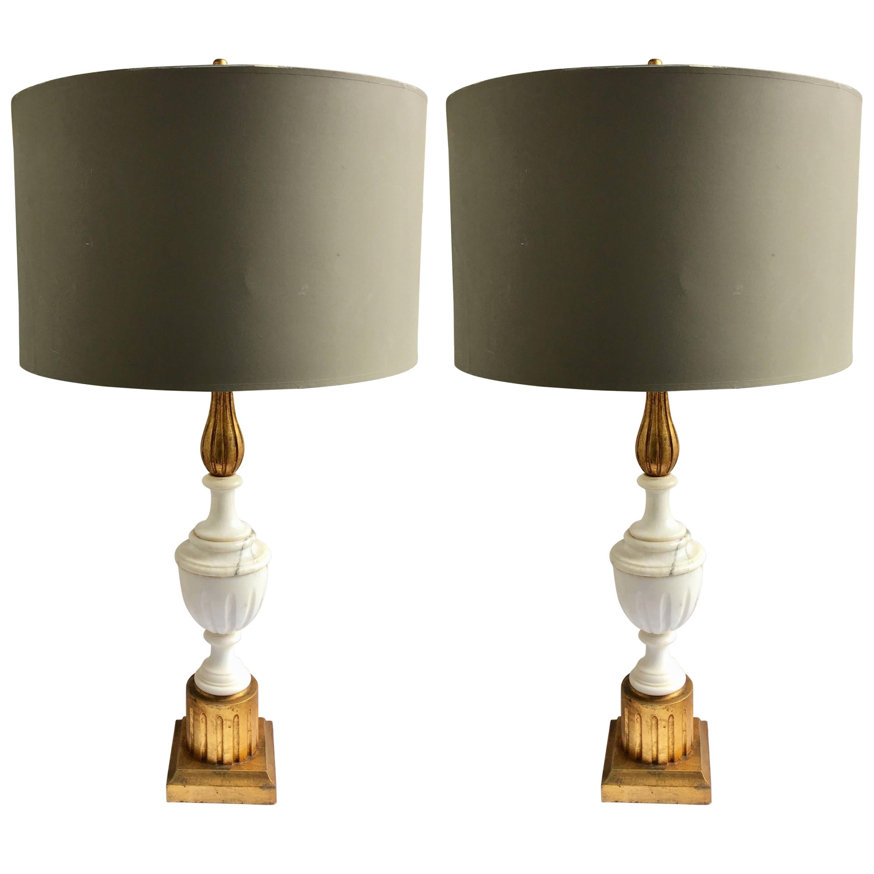 Italian Marble and Giltwood Fluted Column Urn Table Lamps, Pair