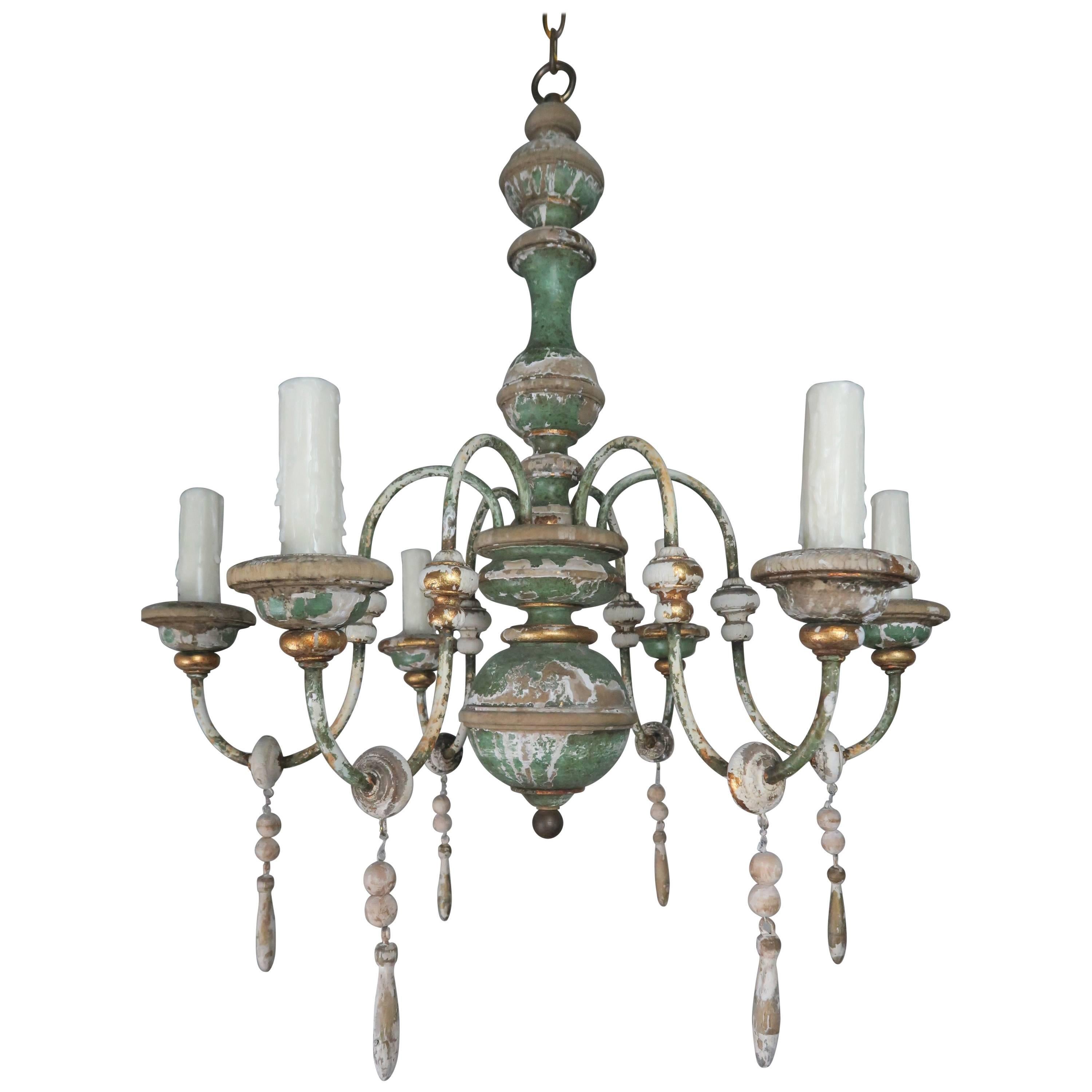 Italian Painted and Parcel-Gilt Chandelier with Wood Drops