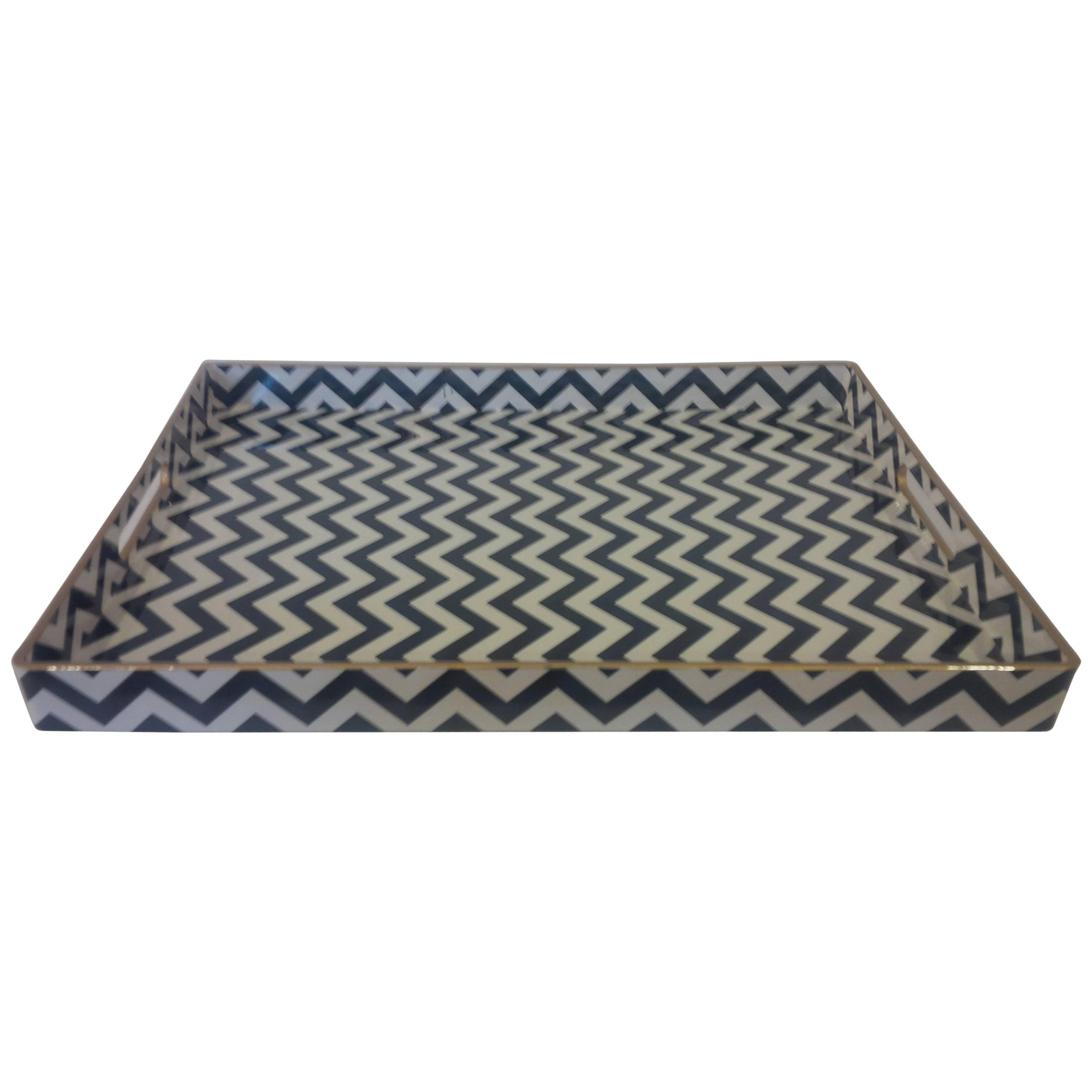 Zigzag Black and White Lacquer Tray with Gold Edge