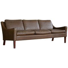 Børge Mogensen Style Brown Distressed Leather Sofa Danish, Mid-Century