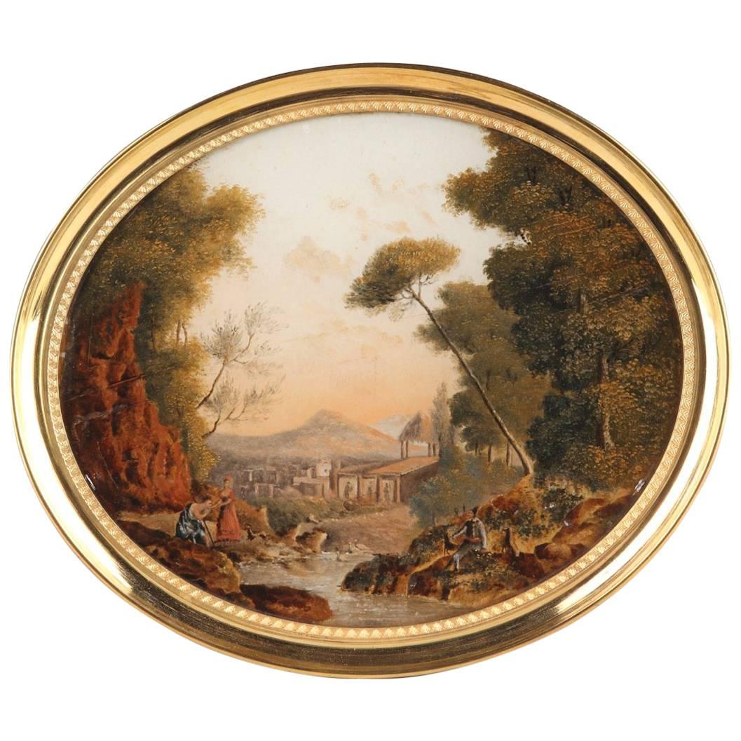 Empire Reverse Glass Painting with Pastoral Scene in the Taste of Jean-Baptiste