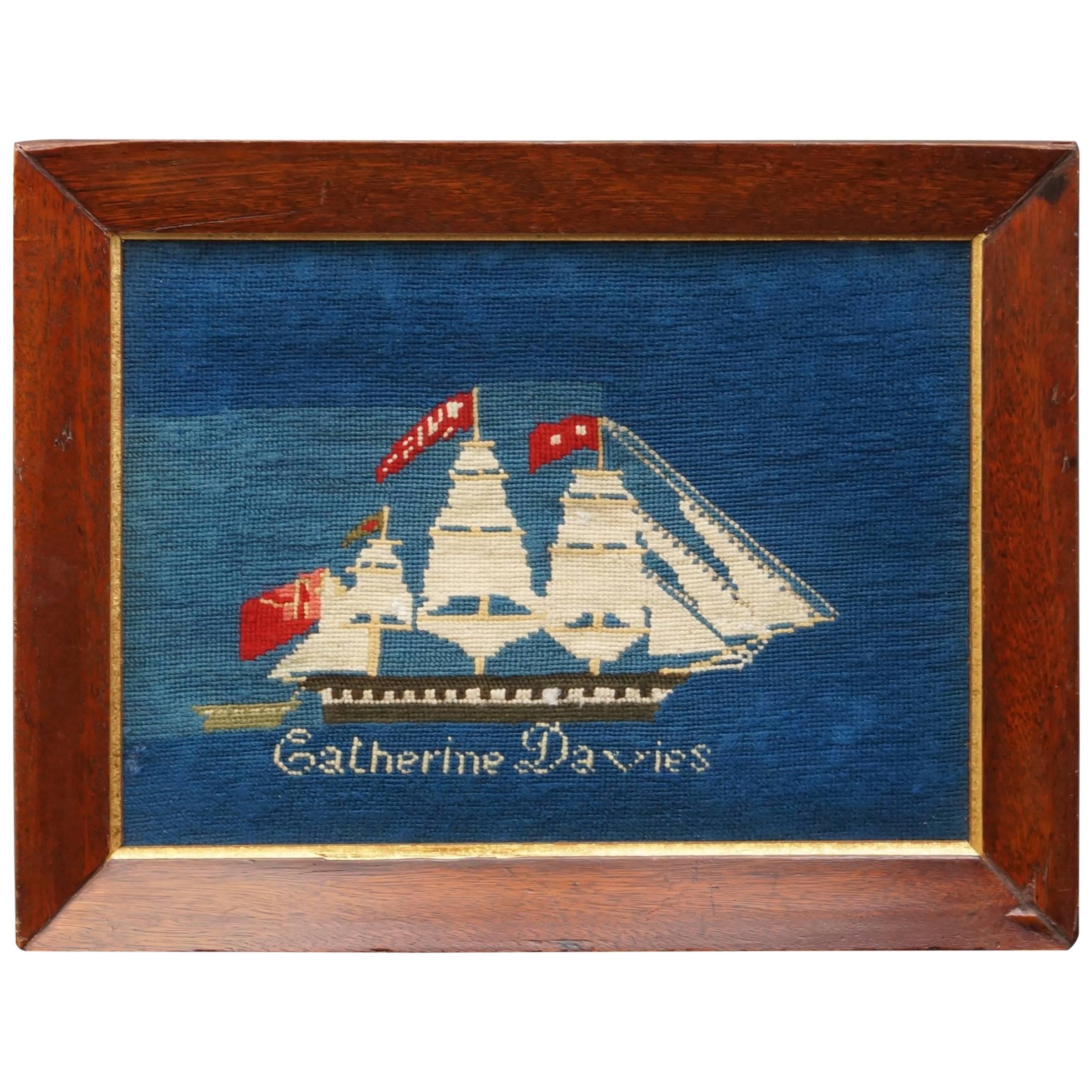 Important 19th Century Sailors Woolie Woolwork Needlework Sailing Ship Mimosa