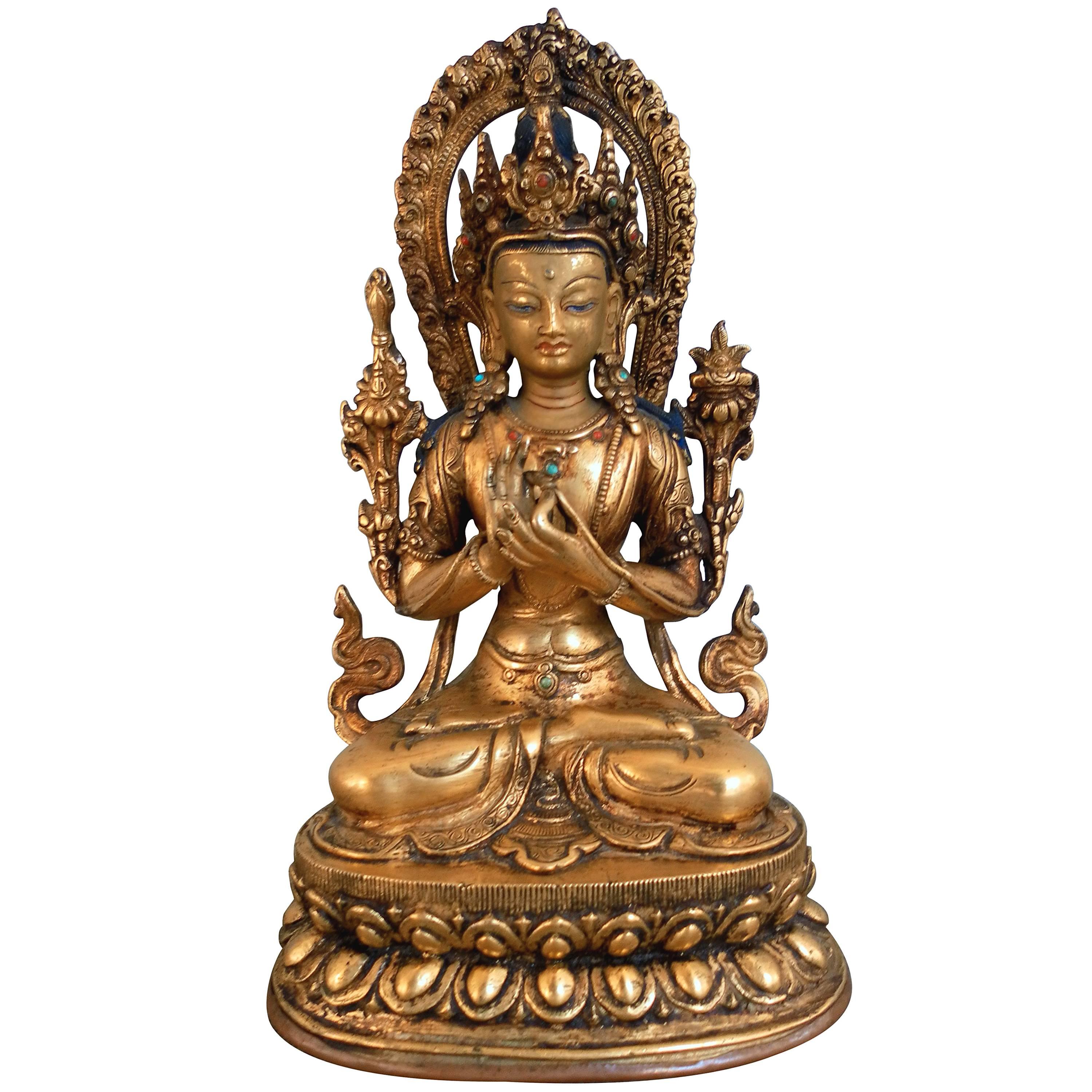 Tibetan Gilt Bronze Figure of Manjushri For Sale
