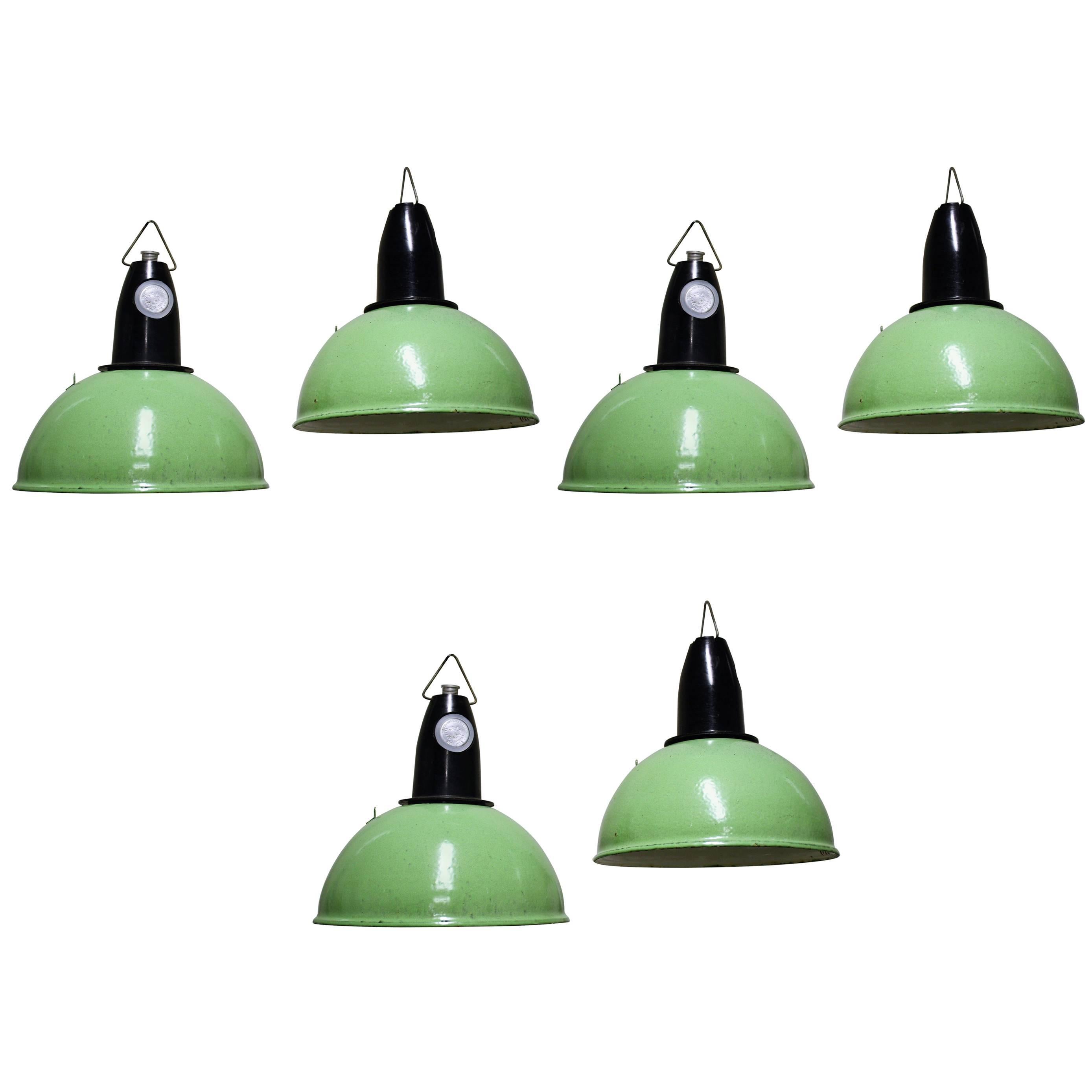 Green Enamel Factory Lamps, 1970s For Sale