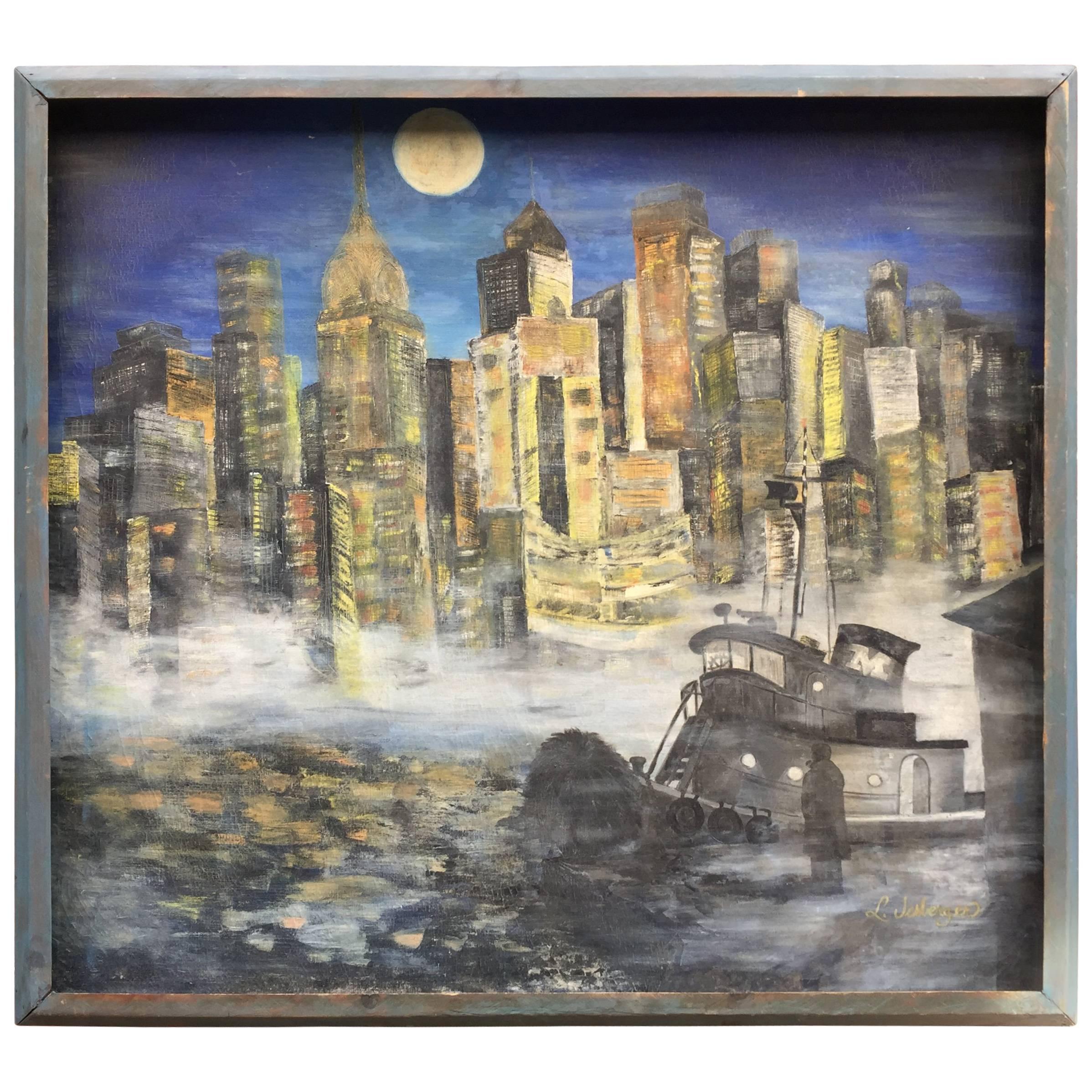 1960s NYC East River Cityscape Painting For Sale