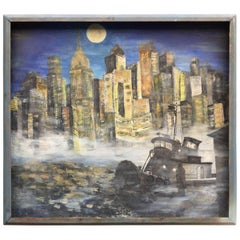 1960s NYC East River Cityscape Painting