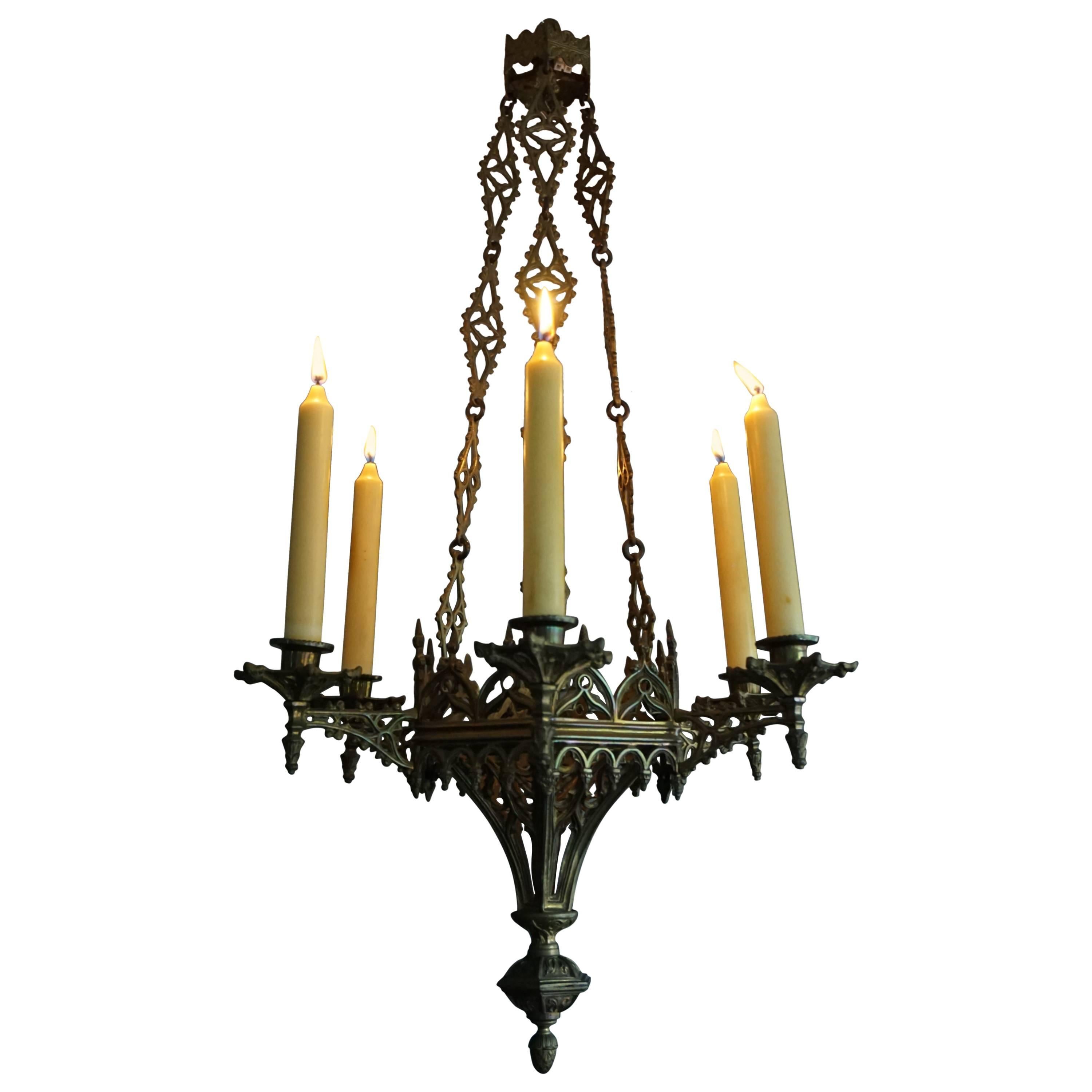 Rare Late 19th Century Gothic Revival Gilt Candle Lamp Six Candle Chandelier