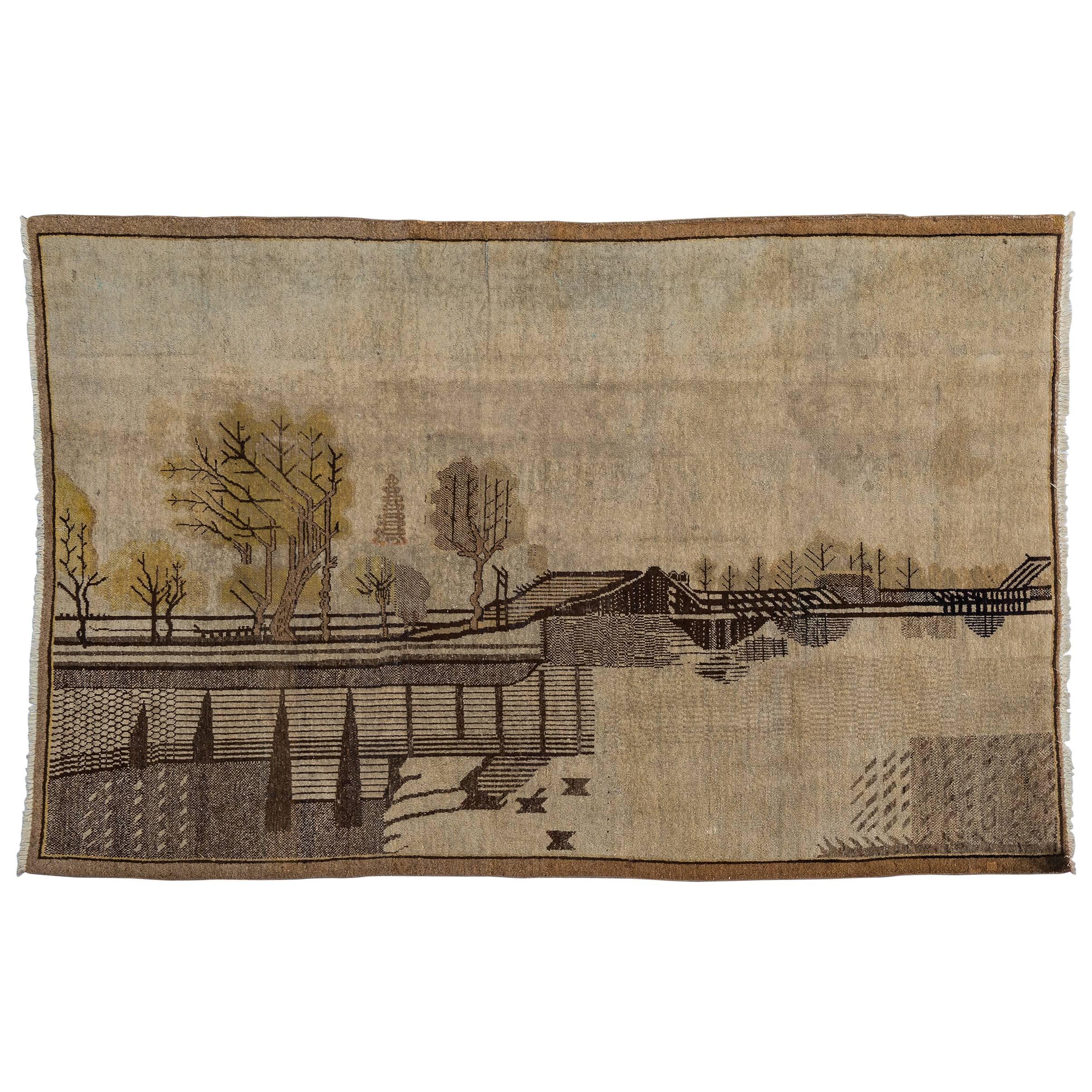 Vintage Samarkanda or Khotan  Rug with Landscape For Sale
