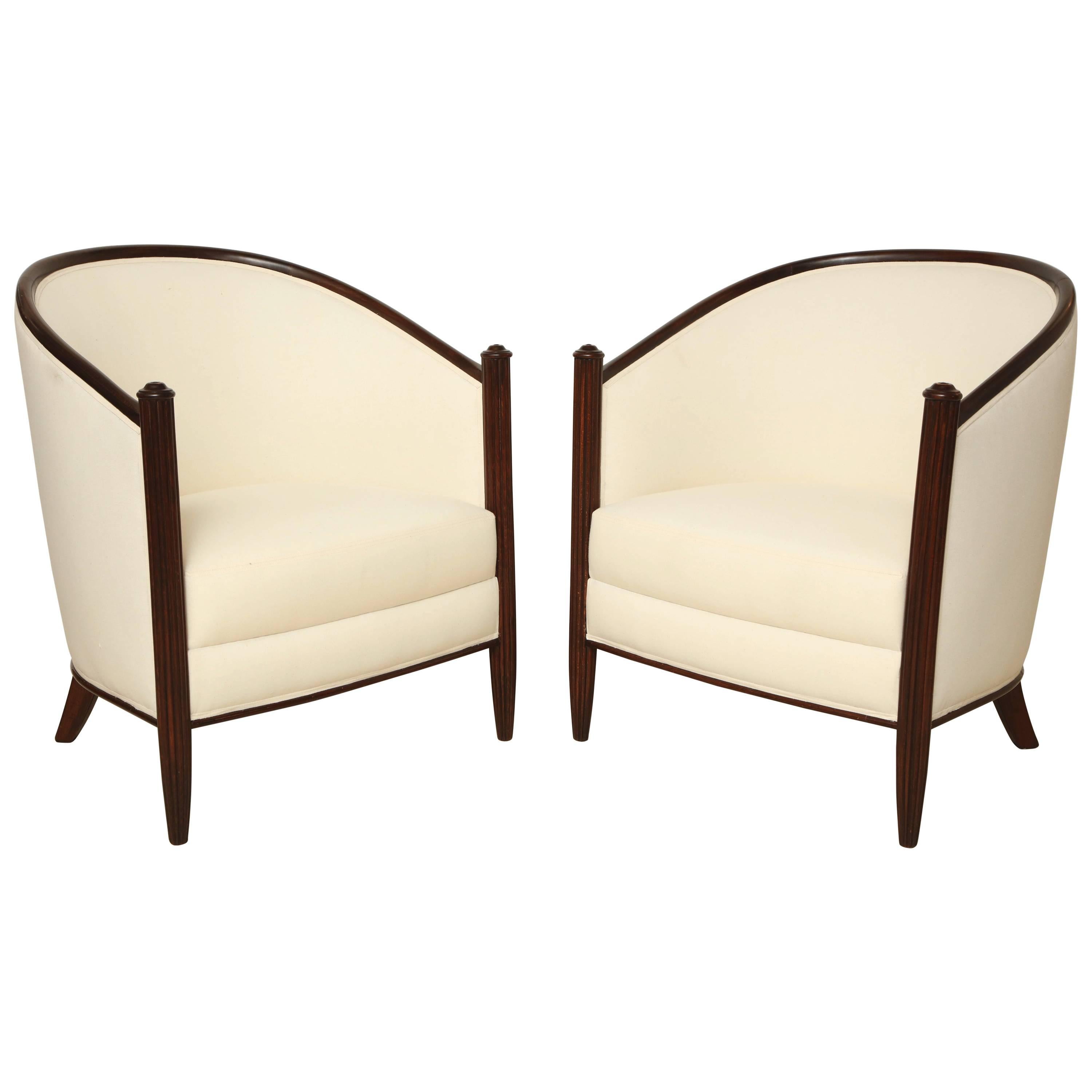 Pair of Beechwood Art Deco Upholstered Club Chairs, France, circa 1930