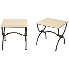 Pair of Curule Form Iron Side Tables with Travertine Tops, France, circa 1940s