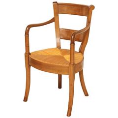 French Provincial Blond Walnut Armchair with Rush Seat, circa 1880