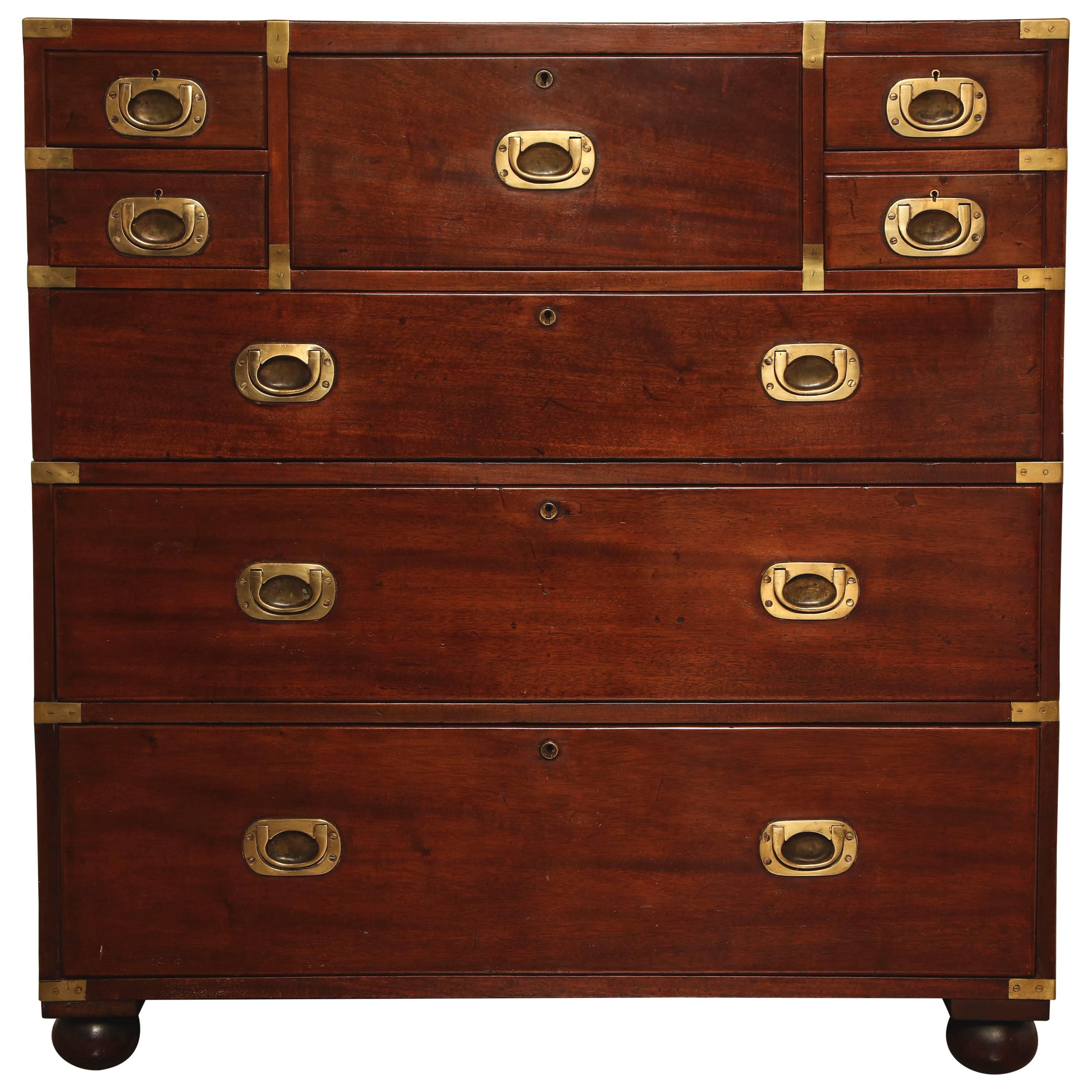 19th Century English, Mahogany and Brass Mounted Campaign Chest in Two Pieces