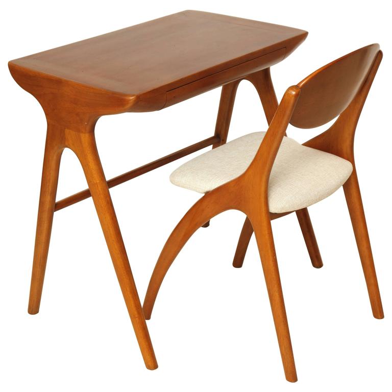 Small Mid-Century Cherry Wood Desk with Matching Chair, France, circa 1960 For Sale at 1stdibs