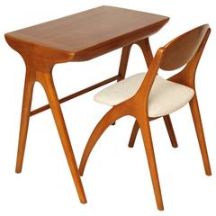 Small Mid-Century Cherry Wood Desk with Matching Chair, France, circa 1960