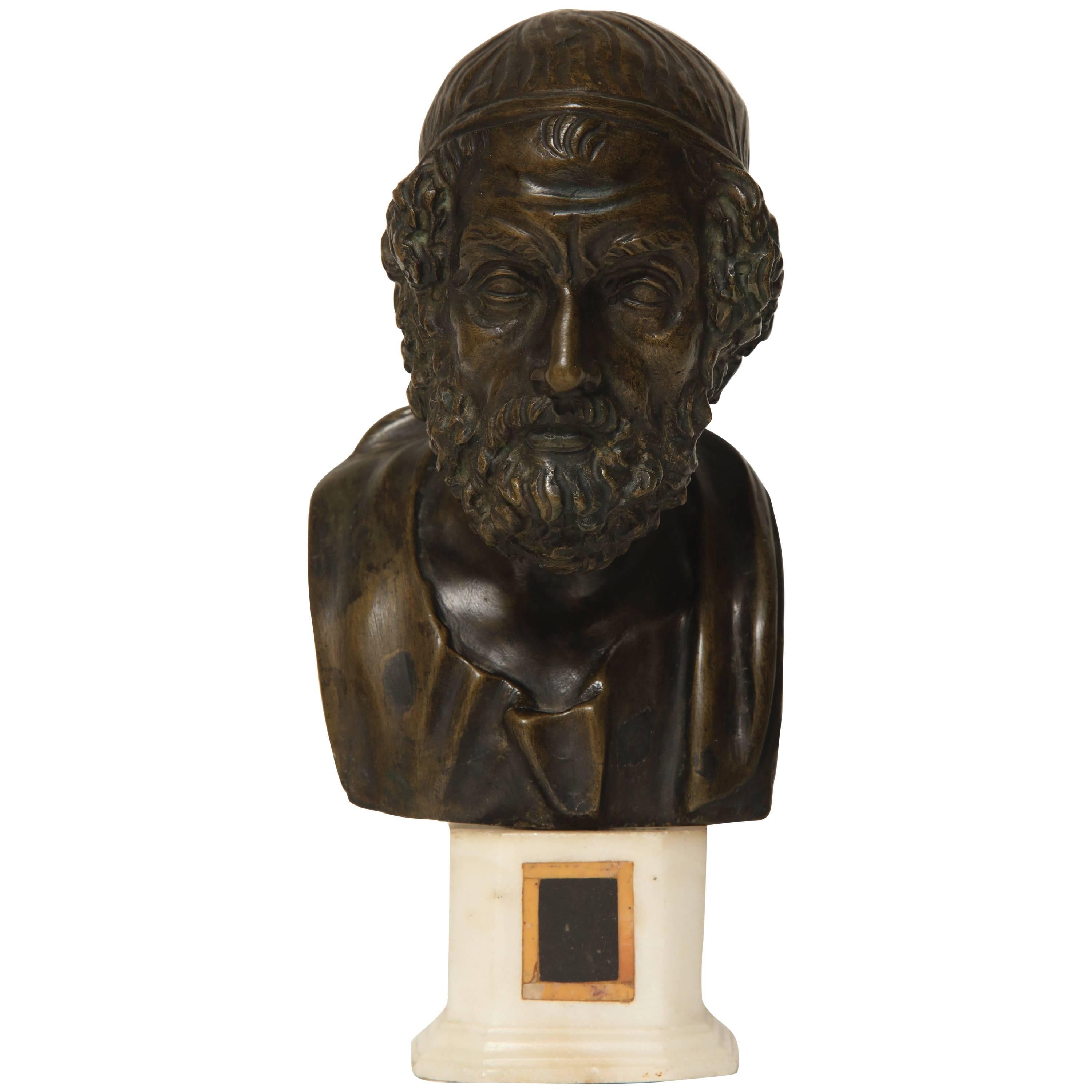 19th Century Italian Bronze Bust of Homer on Marble Socle For Sale