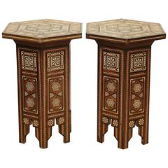 Vintage Pair of Syrian, Inlaid Wooden Hexagonal Tables