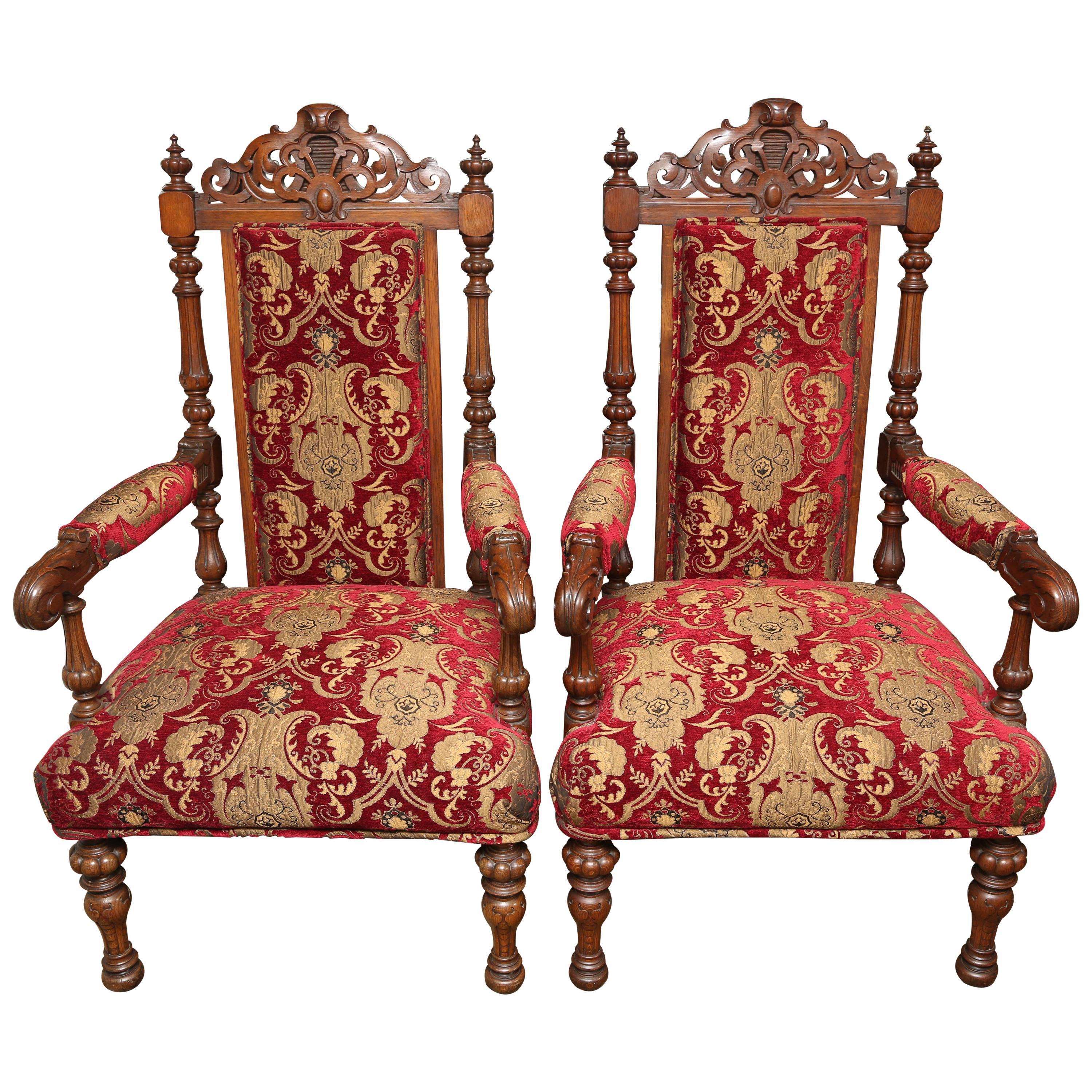 Superb Pair of 19th Century English Carved Oak Armchairs