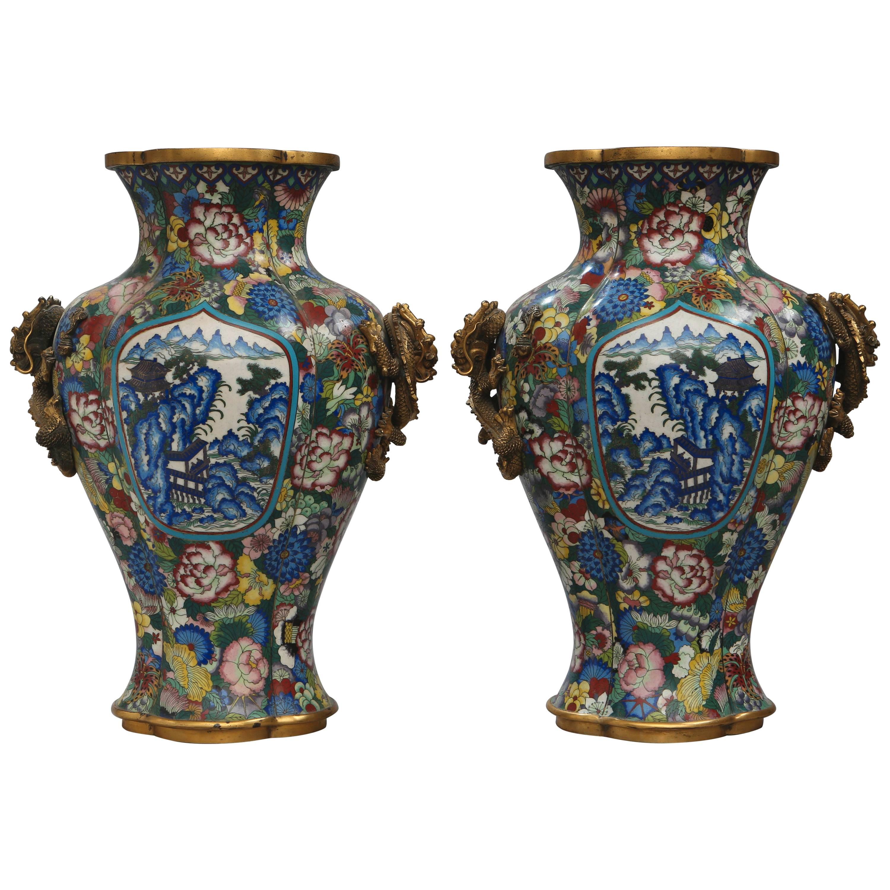 Pair of 19th Century Quadrilateral Chinese Cloisonné Tapering Vases For Sale