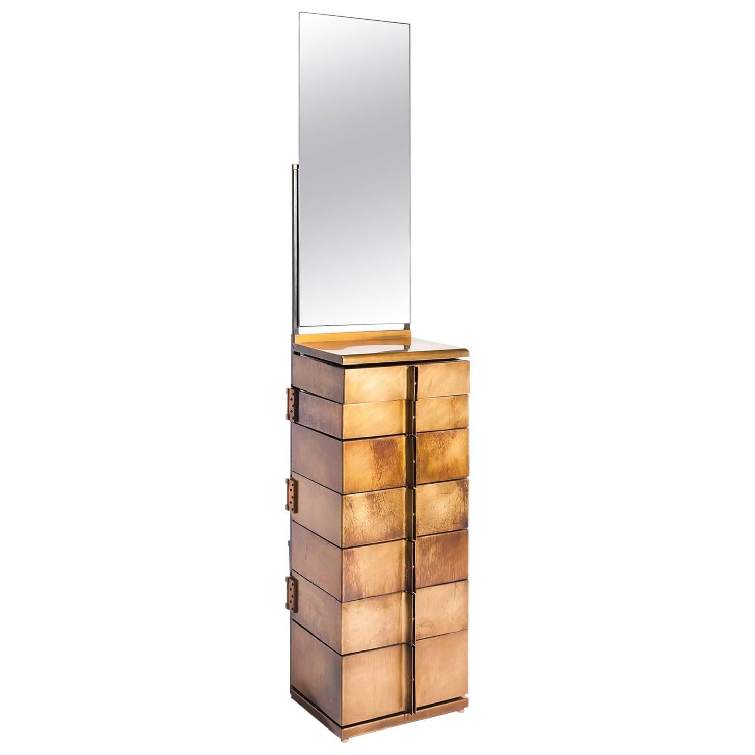 Modern Semainire Made of Tarnished Brass with Rotating Walnut Drawers For Sale