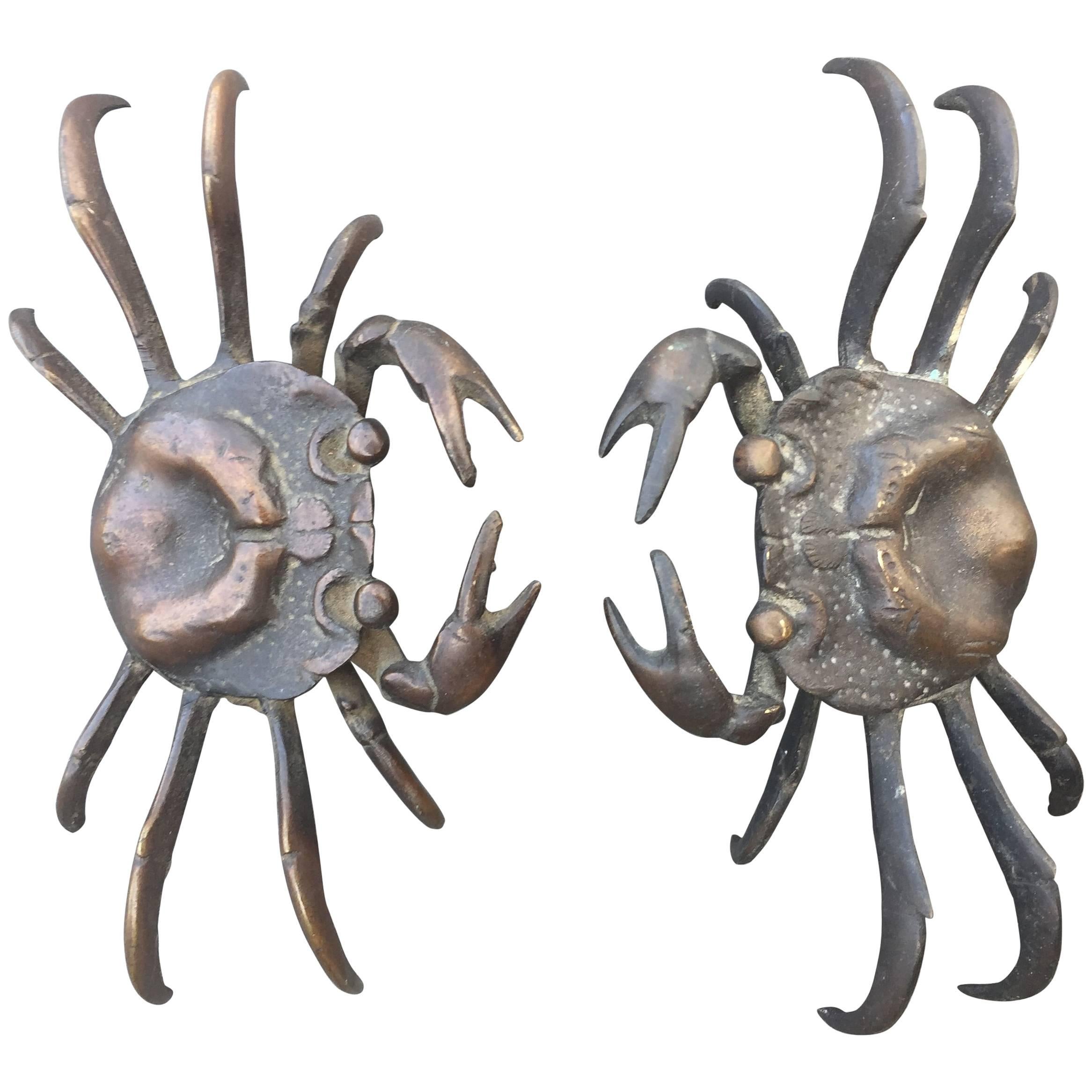 Japan Pair of Antique Hand Cast Crabs, 100 Year Old Relics
