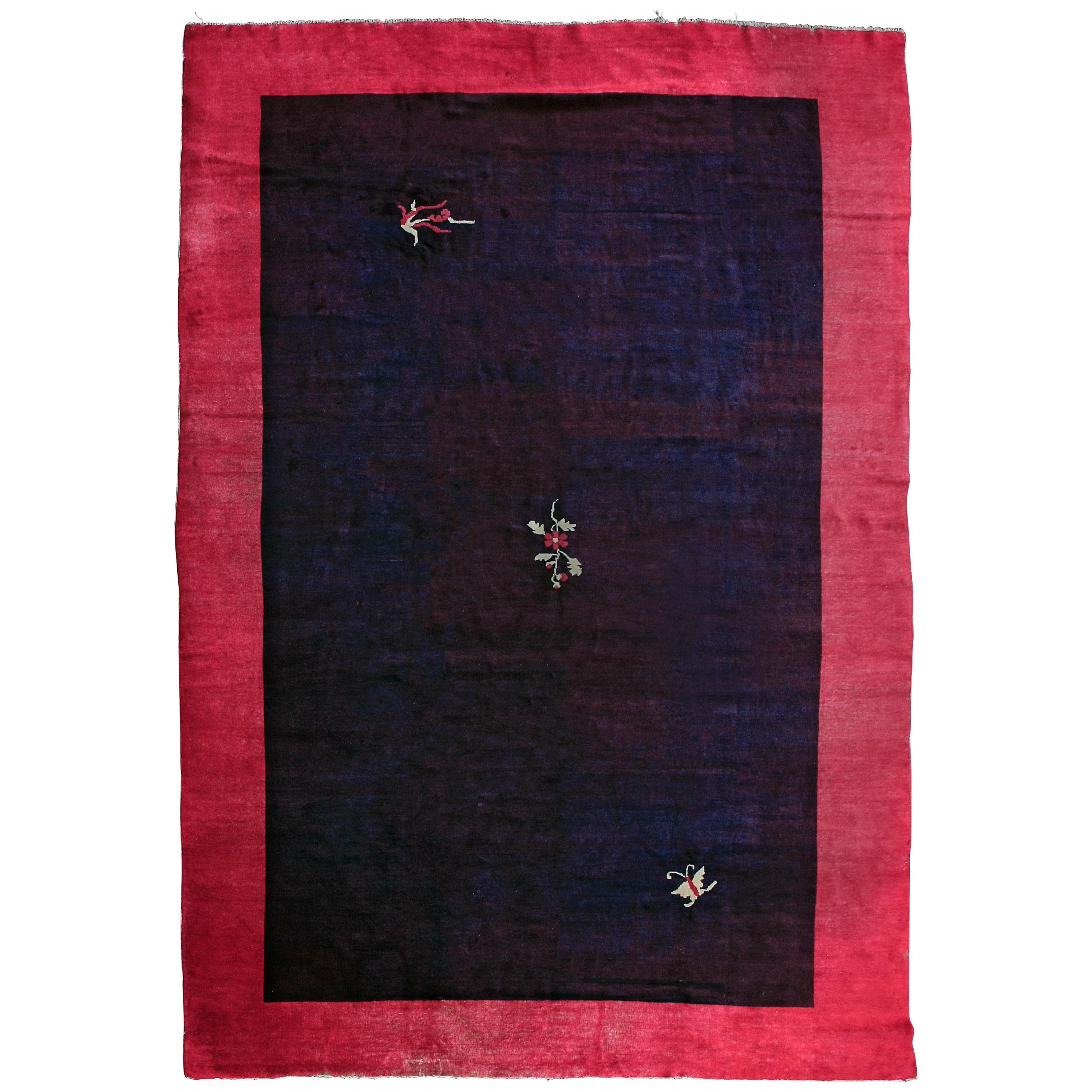 Fine Antique Chinese Minimalist Rug with Aubergine Background and Red Border