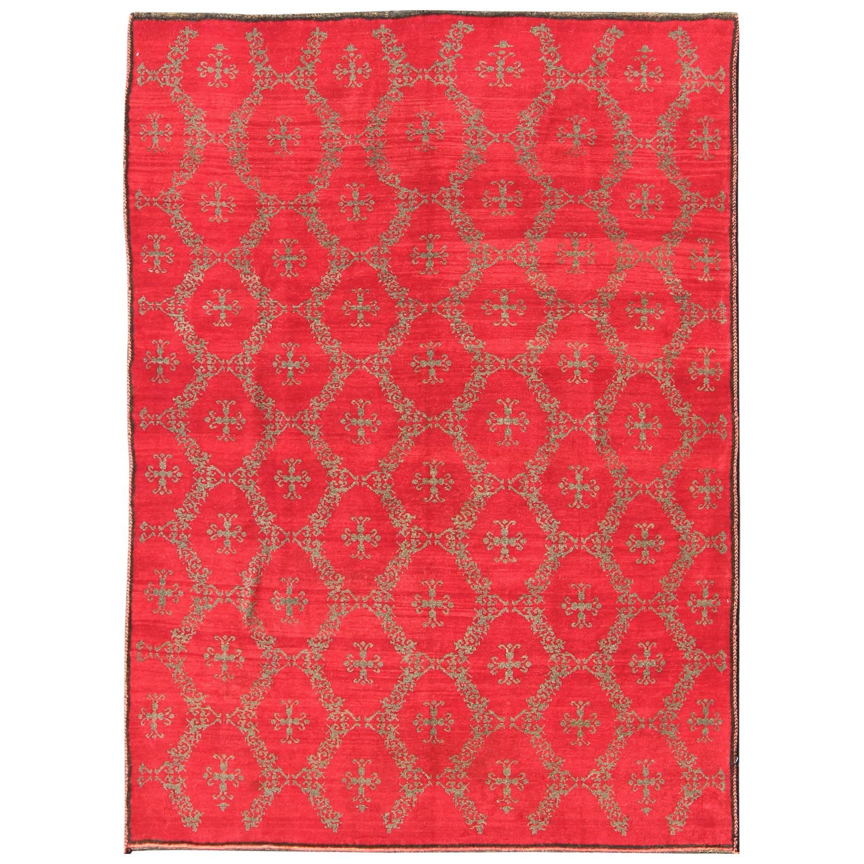 Vintage Turkish Konya Carpet with Cross Design and Bright Red Background