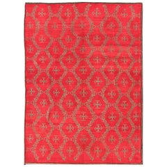 Vintage Turkish Konya Carpet with Cross Design and Bright Red Background