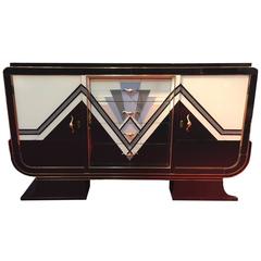 Art Deco Opaline Mosaic Glass and Brass Credenza