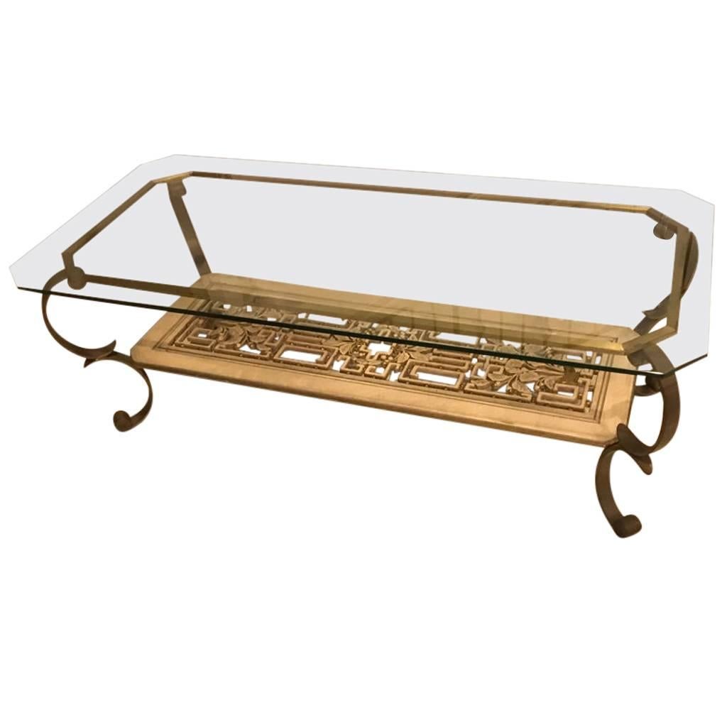 Mid-Century Brass and Giltwood Coffee Table For Sale