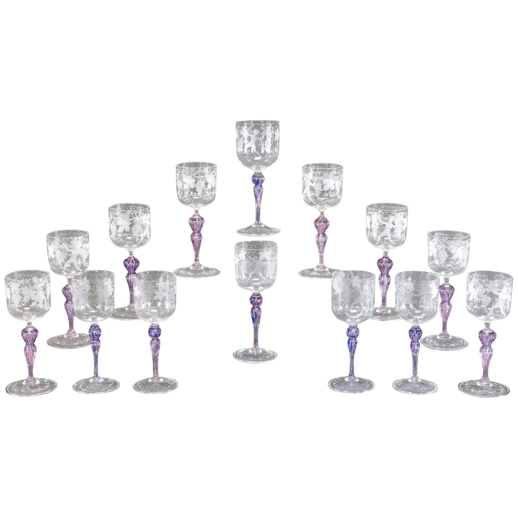 14 Venetian Bacchus and Grape Vine Engraved Pattern Goblets with Purple Stem