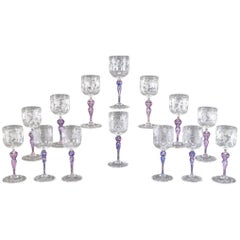 14 Venetian Bacchus and Grape Vine Engraved Pattern Goblets with Purple Stem