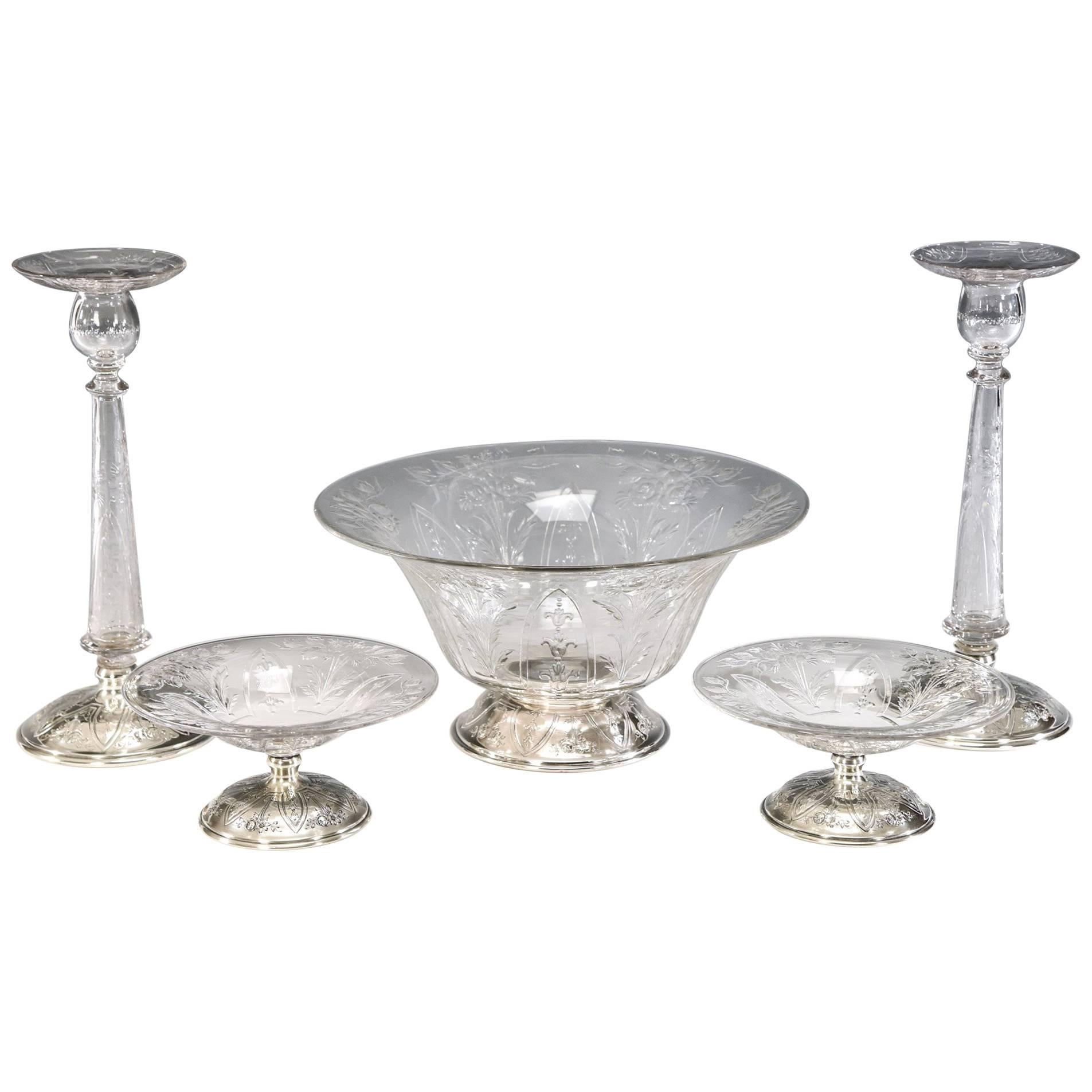 5-Piece Signed Hawkes Centerpiece Set with Copper Wheel Engraving & Silver Bases For Sale