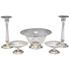 5-Piece Signed Hawkes Centerpiece Set with Copper Wheel Engraving & Silver Bases