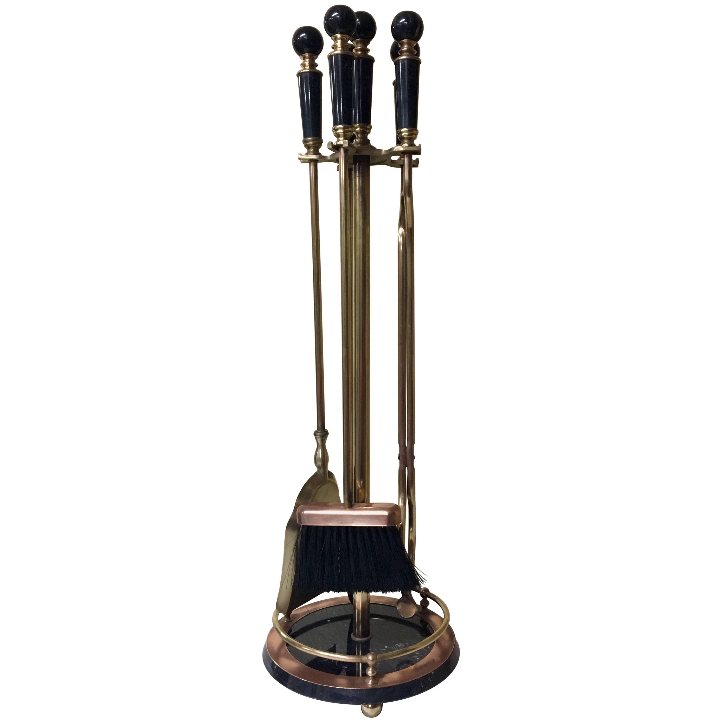 Elegant Antique Black Marble and Solid Brass Fireplace Tool Set