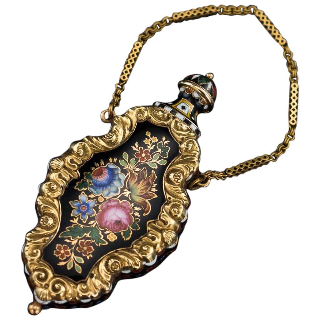 19th Century Rare Swiss 18-Karat Gold 
Enamel Scent Bottle, Bautte 
Moynier