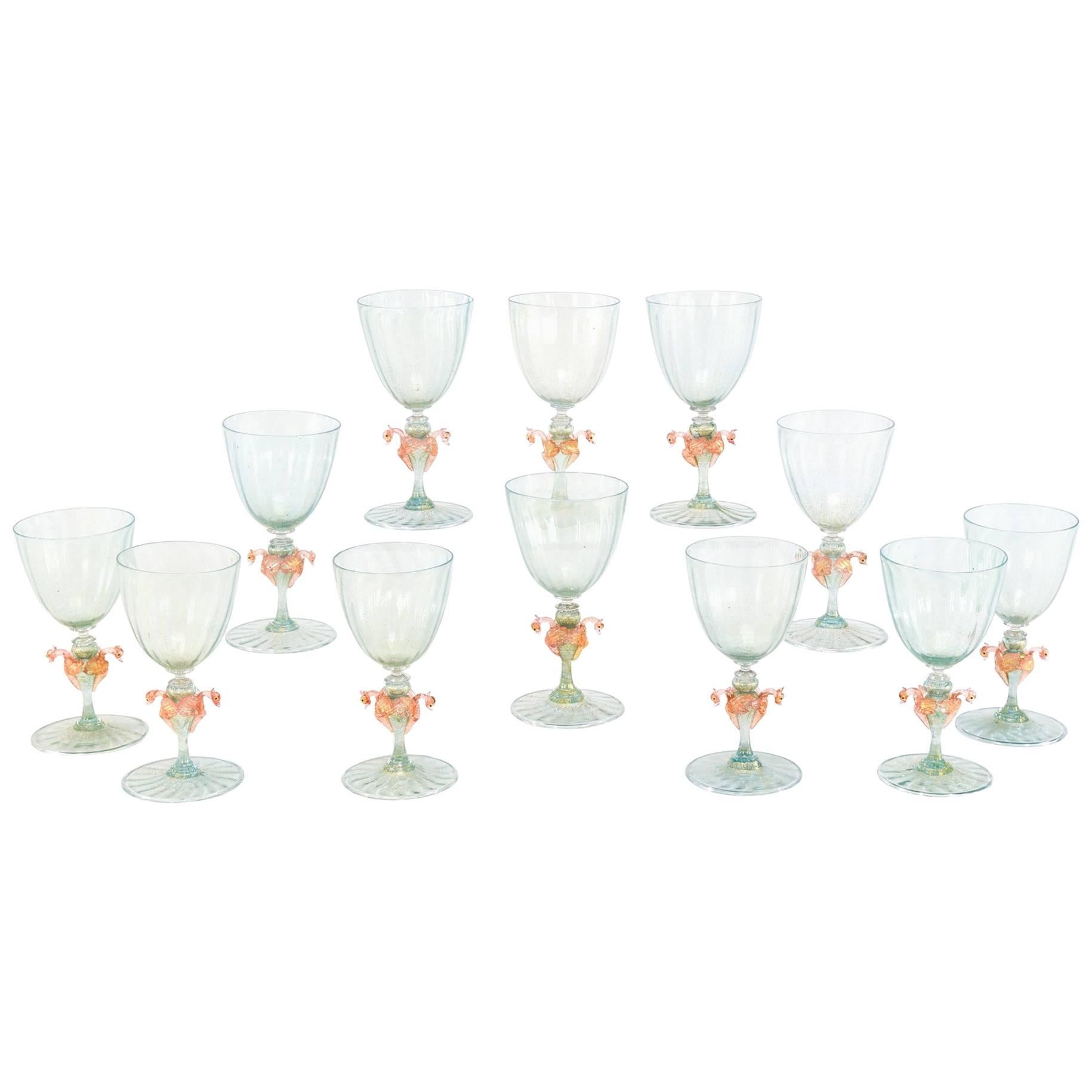 12 Venetian Murano Handblown Aqua Green & Gold Goblets with Pink Figural Swans