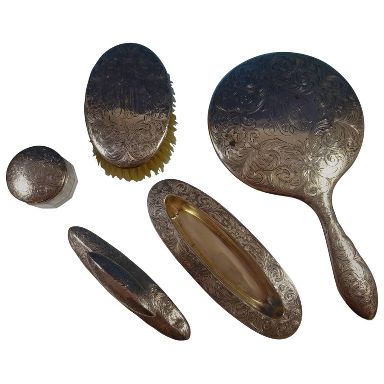 Alvin Sterling Silver Dresser Set Five Piece Set Fancy Engraved