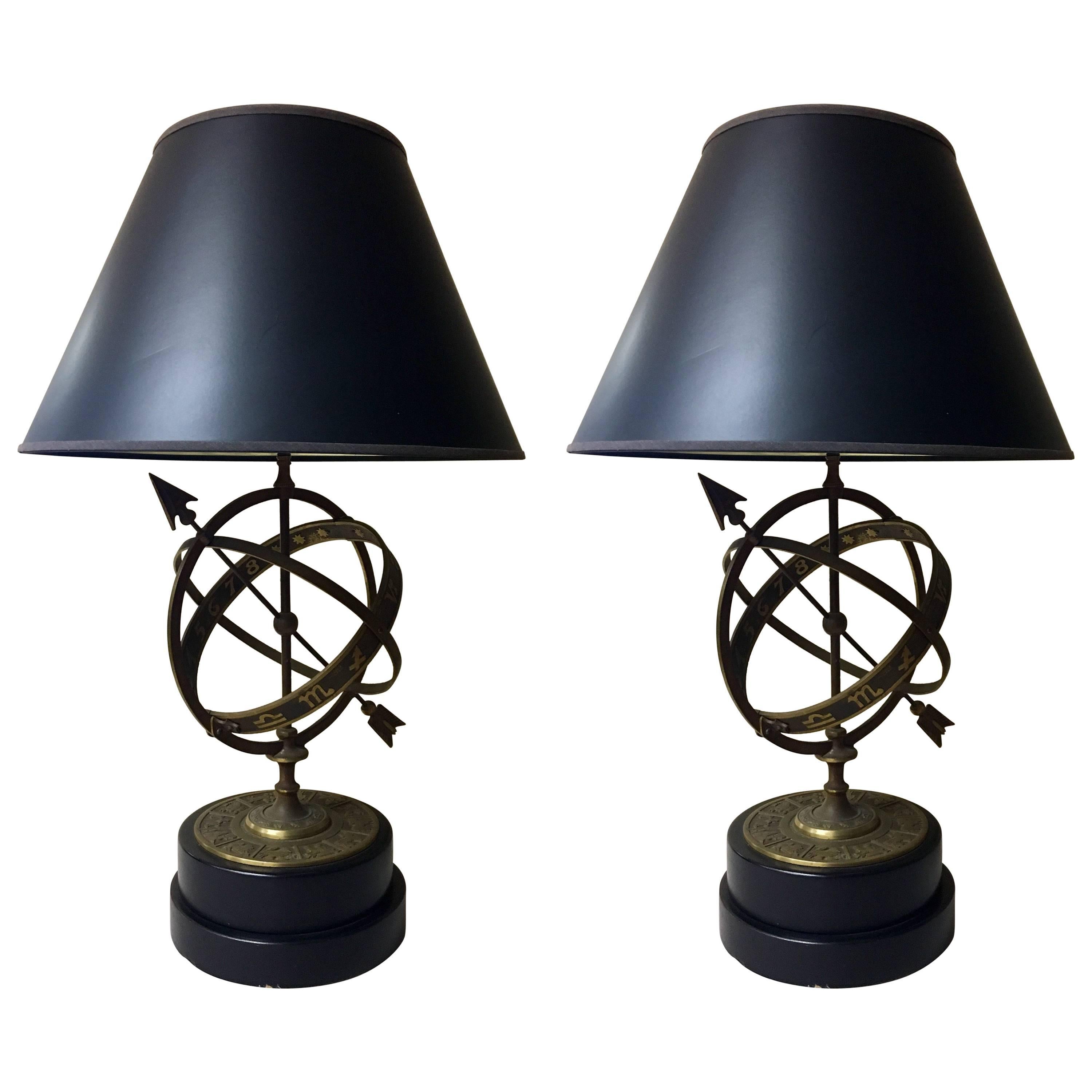 Pair of Classic Astrological Armillary Sphere Table Lamps by Frederick Cooper